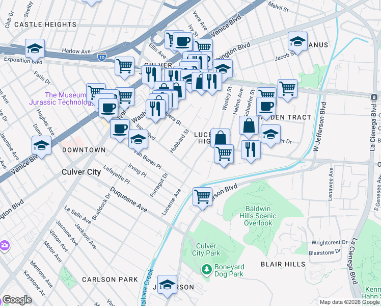 map of restaurants, bars, coffee shops, grocery stores, and more near 9025 Carson Street in Culver City