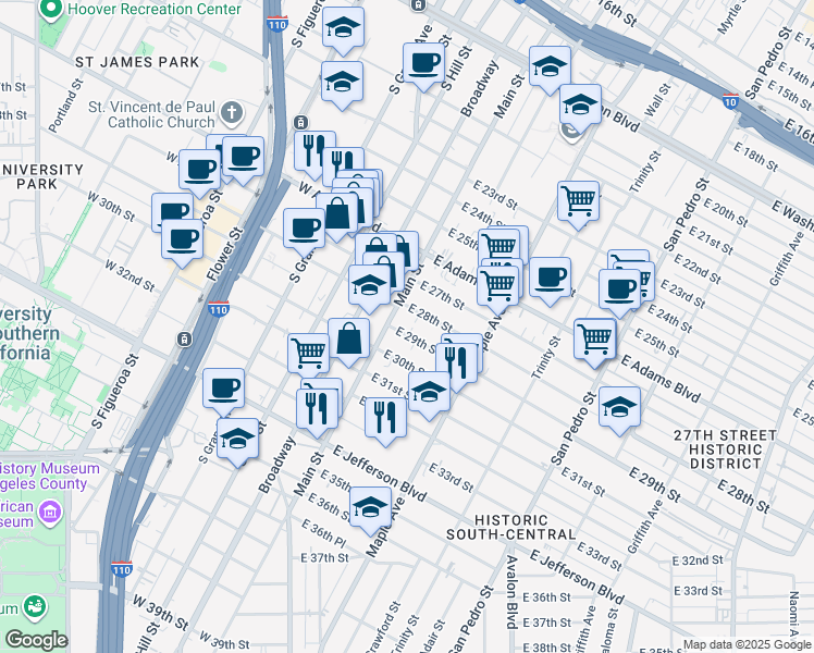 map of restaurants, bars, coffee shops, grocery stores, and more near 117 East 29th Street in Los Angeles