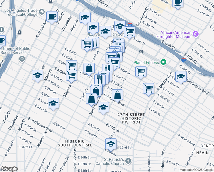 map of restaurants, bars, coffee shops, grocery stores, and more near 2424 San Pedro Street in Los Angeles