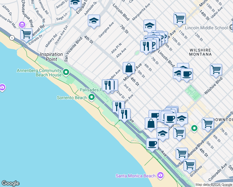 map of restaurants, bars, coffee shops, grocery stores, and more near 801 2nd Street in Santa Monica
