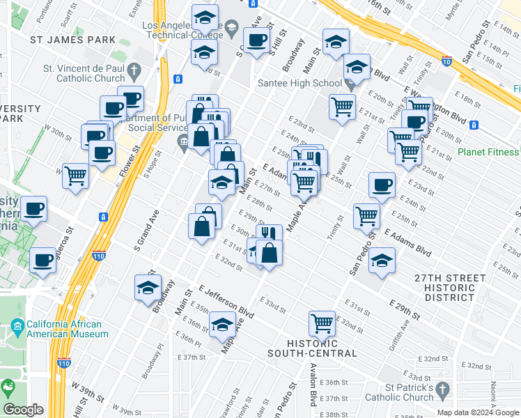 map of restaurants, bars, coffee shops, grocery stores, and more near 204 East 28th Street in Los Angeles