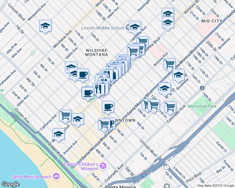 map of restaurants, bars, coffee shops, grocery stores, and more near in Santa Monica