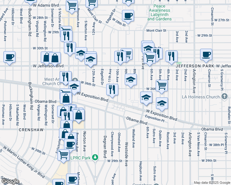 map of restaurants, bars, coffee shops, grocery stores, and more near 3021 West 36th Street in Los Angeles