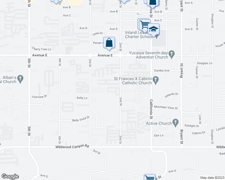 map of restaurants, bars, coffee shops, grocery stores, and more near 12700 2nd Street in Yucaipa