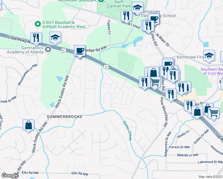 map of restaurants, bars, coffee shops, grocery stores, and more near 157 Ashland Way Northwest in Kennesaw