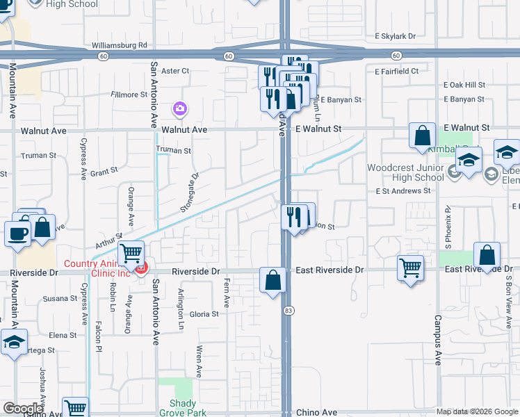 map of restaurants, bars, coffee shops, grocery stores, and more near 235 West Saint Andrews Street in Ontario