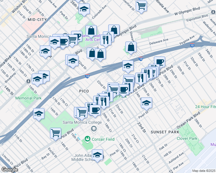 map of restaurants, bars, coffee shops, grocery stores, and more near 2213 Virginia Avenue in Santa Monica