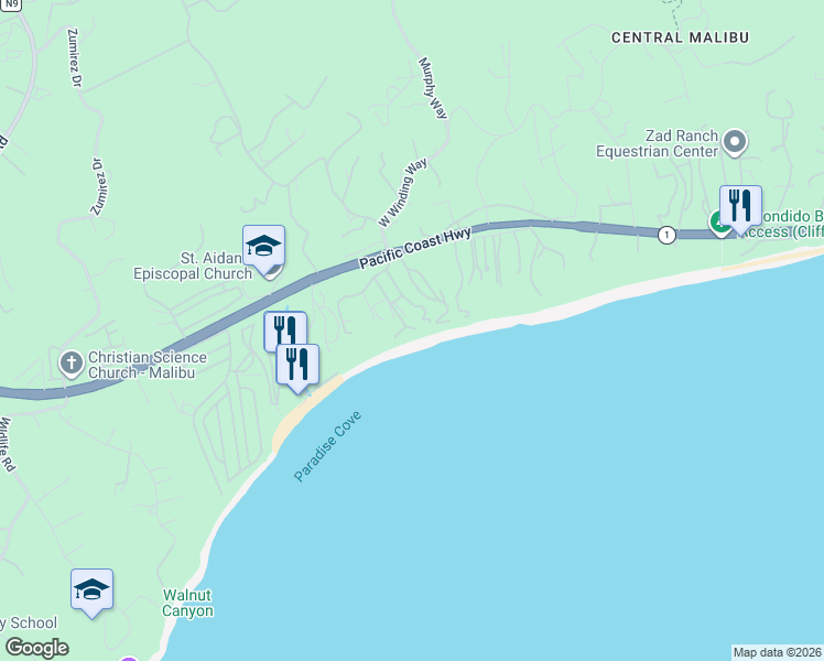 map of restaurants, bars, coffee shops, grocery stores, and more near 28006 Sea Lane Drive in Malibu