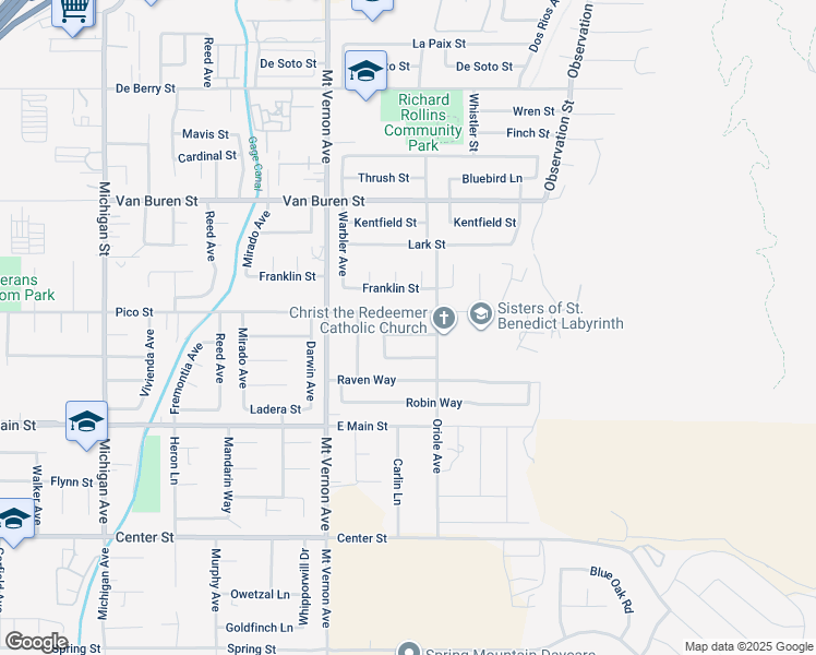 map of restaurants, bars, coffee shops, grocery stores, and more near 22648 Flamingo Street in Grand Terrace