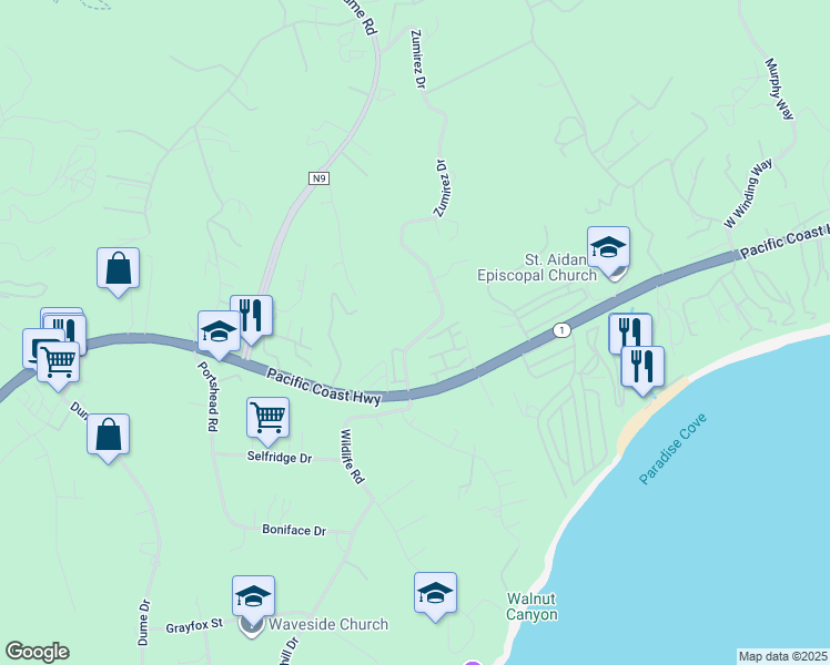 map of restaurants, bars, coffee shops, grocery stores, and more near 6401 Zumirez Drive in Malibu