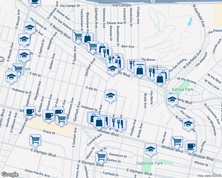 map of restaurants, bars, coffee shops, grocery stores, and more near 553 Leonard Avenue in East Los Angeles