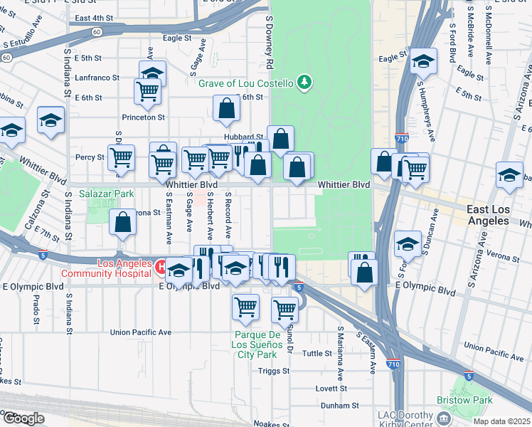 map of restaurants, bars, coffee shops, grocery stores, and more near 933 South Downey Road in Los Angeles