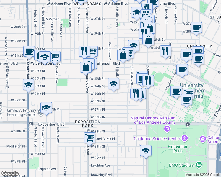 map of restaurants, bars, coffee shops, grocery stores, and more near 1301 West 36th Street in Los Angeles