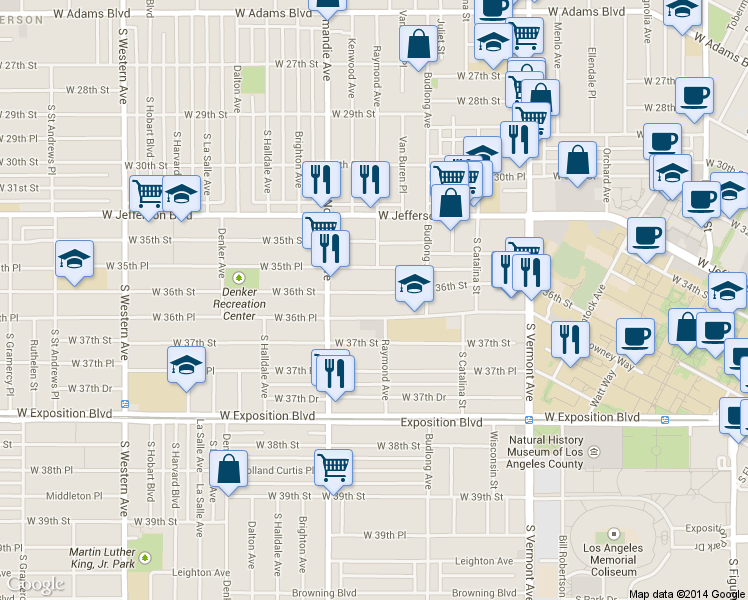 map of restaurants, bars, coffee shops, grocery stores, and more near 1301 West 36th Street in Los Angeles