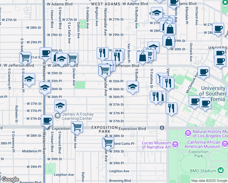 map of restaurants, bars, coffee shops, grocery stores, and more near 1355 West 36th Street in Los Angeles