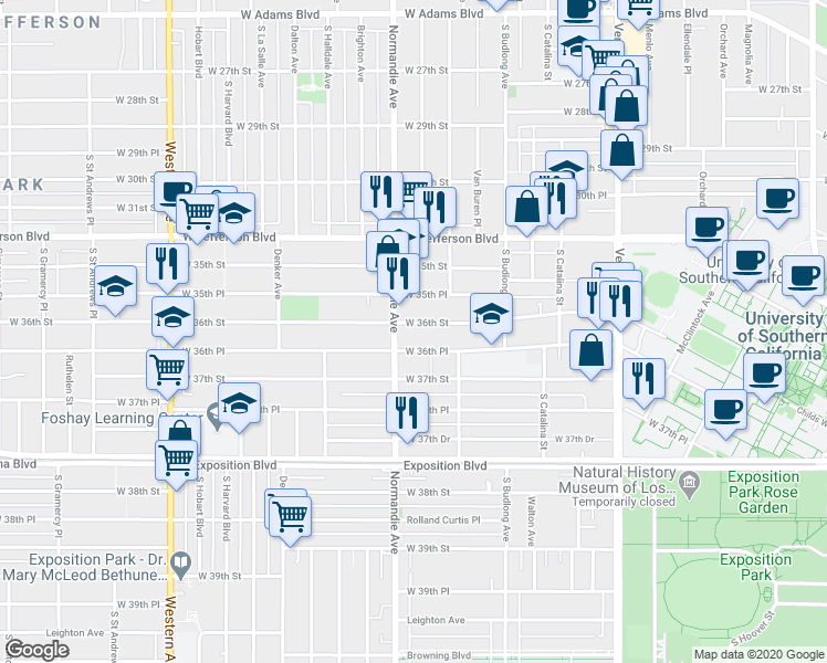 map of restaurants, bars, coffee shops, grocery stores, and more near 1355 West 36th Street in Los Angeles