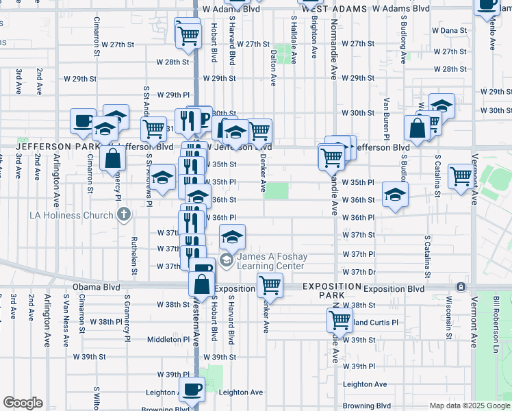 map of restaurants, bars, coffee shops, grocery stores, and more near 1559 West 36th Street in Los Angeles