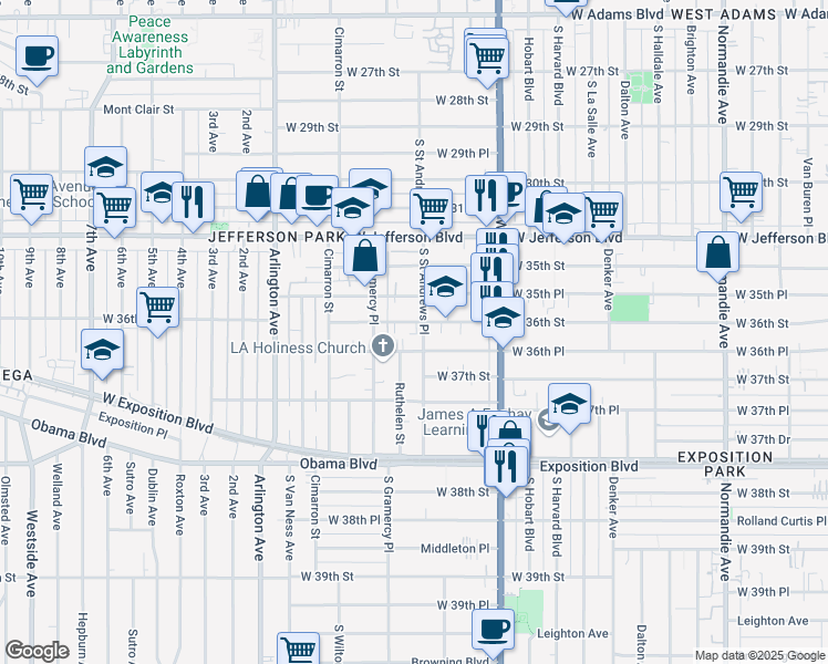 map of restaurants, bars, coffee shops, grocery stores, and more near 1815 West 36th Street in Los Angeles
