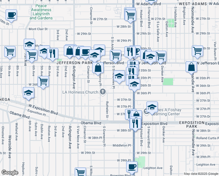 map of restaurants, bars, coffee shops, grocery stores, and more near 1815 West 36th Street in Los Angeles