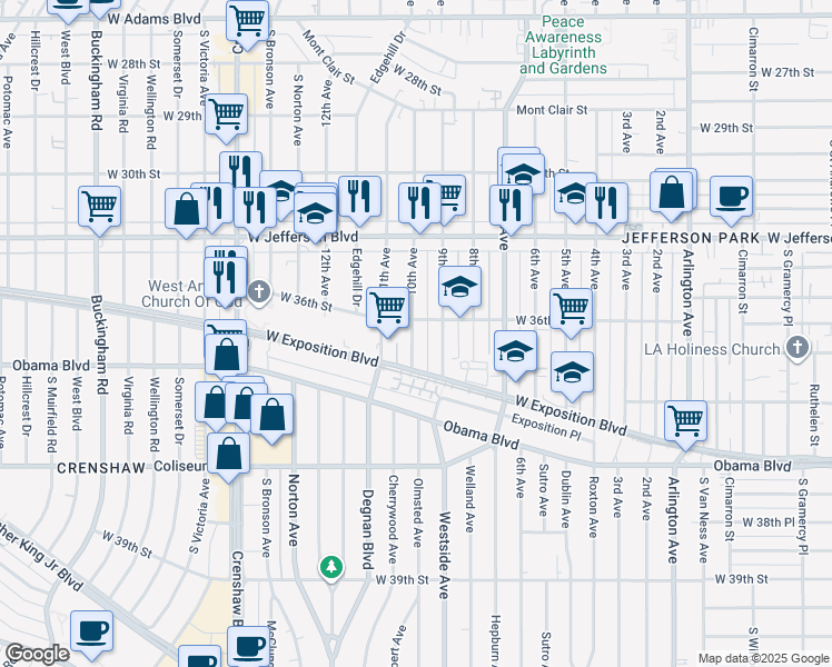 map of restaurants, bars, coffee shops, grocery stores, and more near 2909 West 36th Street in Los Angeles