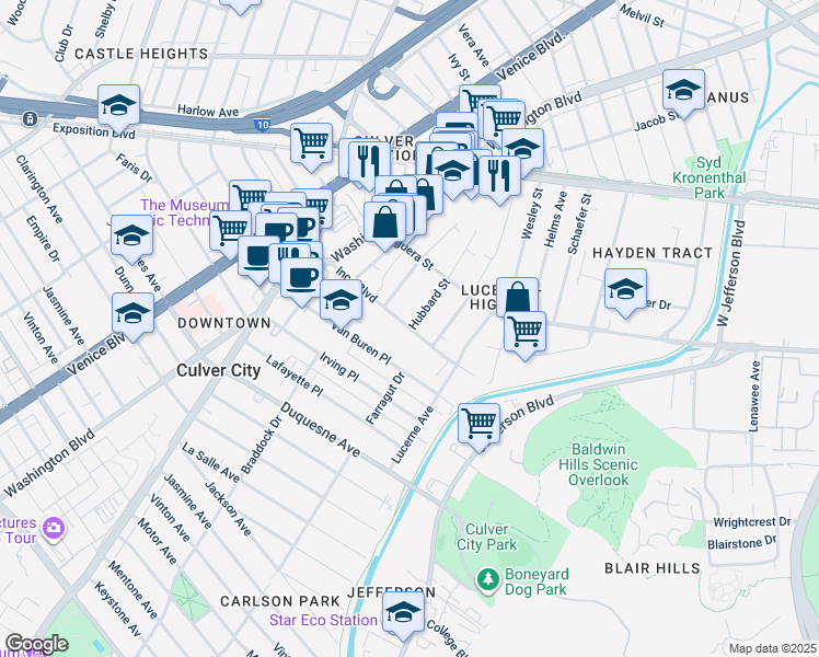 map of restaurants, bars, coffee shops, grocery stores, and more near 9055 Hubbard Street in Culver City