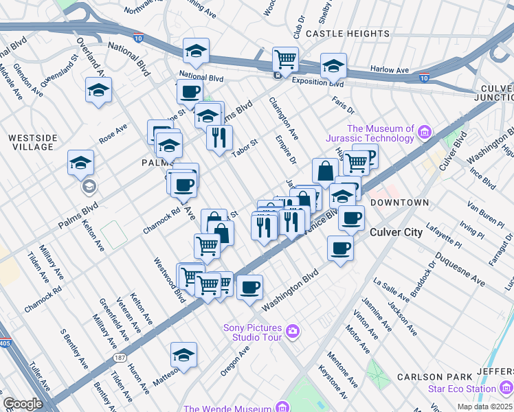 map of restaurants, bars, coffee shops, grocery stores, and more near 3690 Motor Avenue in Los Angeles