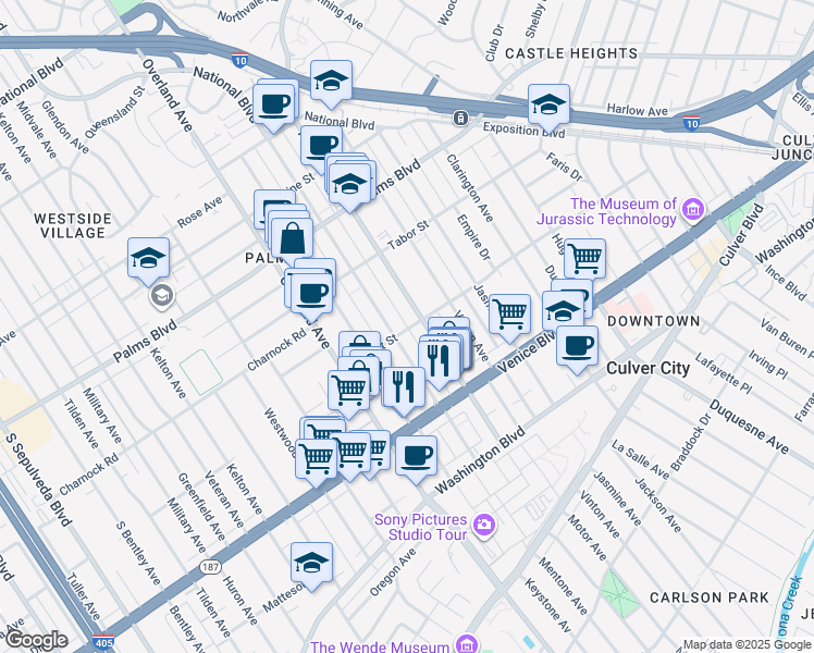 map of restaurants, bars, coffee shops, grocery stores, and more near 3662 Mentone Avenue in Los Angeles