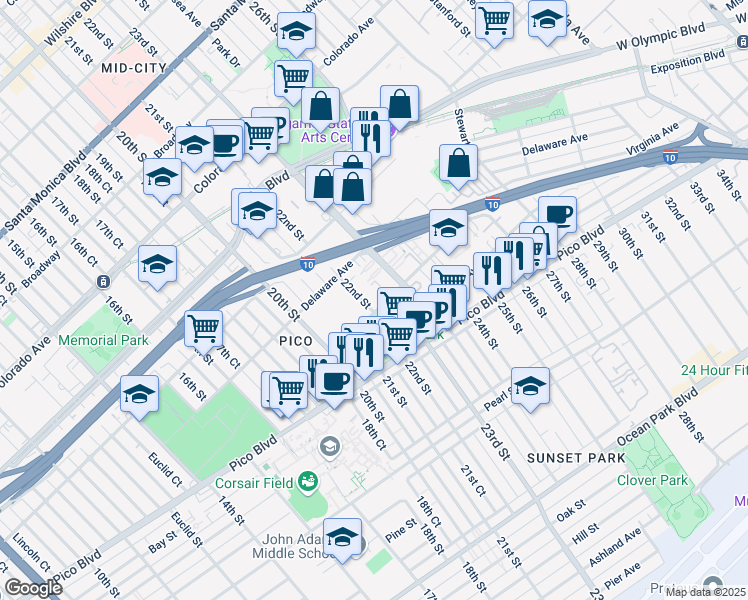 map of restaurants, bars, coffee shops, grocery stores, and more near 1950 Cloverfield Boulevard in Santa Monica