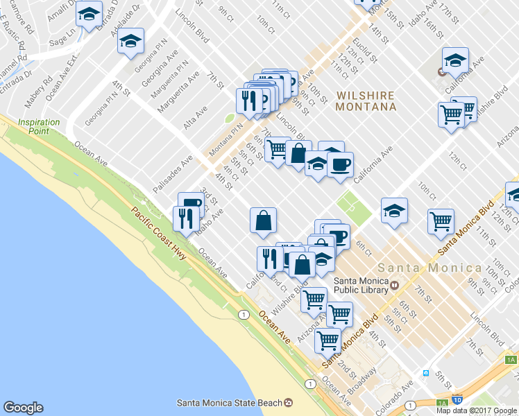 map of restaurants, bars, coffee shops, grocery stores, and more near 930 5th Street in Santa Monica