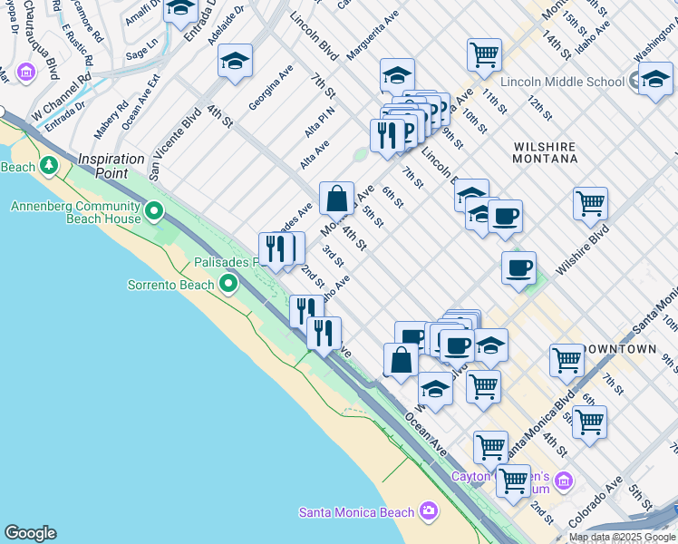 map of restaurants, bars, coffee shops, grocery stores, and more near 837 3rd Street in Santa Monica