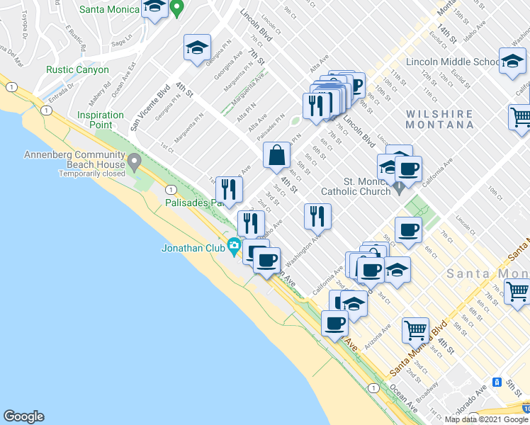 map of restaurants, bars, coffee shops, grocery stores, and more near in Santa Monica