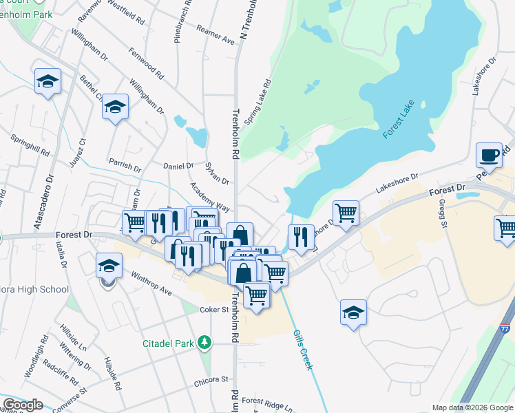 map of restaurants, bars, coffee shops, grocery stores, and more near 39 Lakeview Circle in Columbia