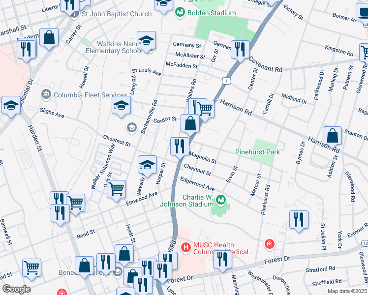 map of restaurants, bars, coffee shops, grocery stores, and more near 2229 Two Notch Road in Columbia