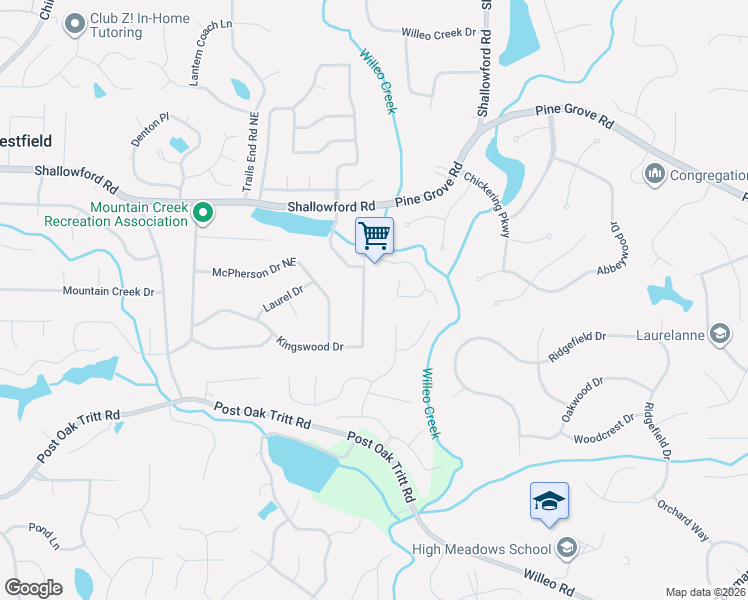 map of restaurants, bars, coffee shops, grocery stores, and more near 5066 Kingswood Drive in Roswell