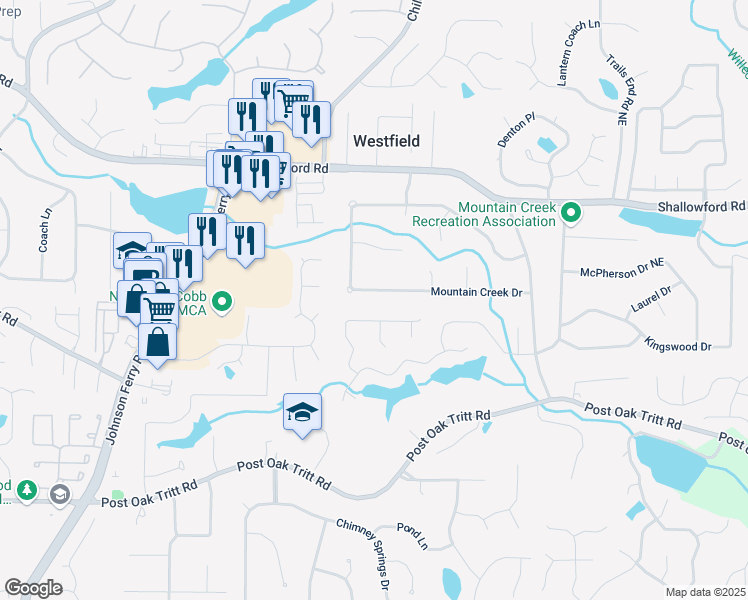 map of restaurants, bars, coffee shops, grocery stores, and more near 4628 Mountain Creek Drive in Roswell