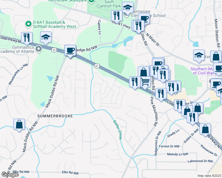 map of restaurants, bars, coffee shops, grocery stores, and more near 100 Birch Trail Northwest in Kennesaw