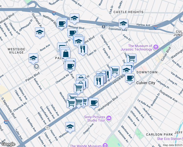 map of restaurants, bars, coffee shops, grocery stores, and more near 3662 Mentone Avenue in Los Angeles