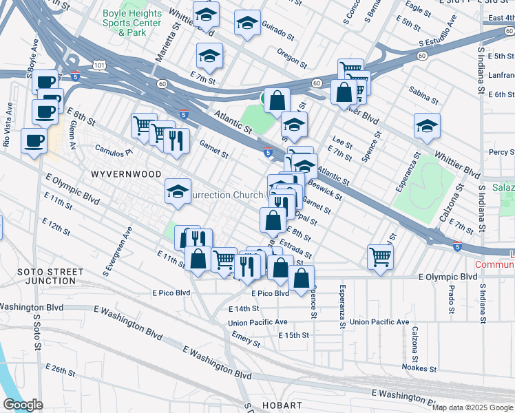 map of restaurants, bars, coffee shops, grocery stores, and more near 3317 East 8th Street in Los Angeles