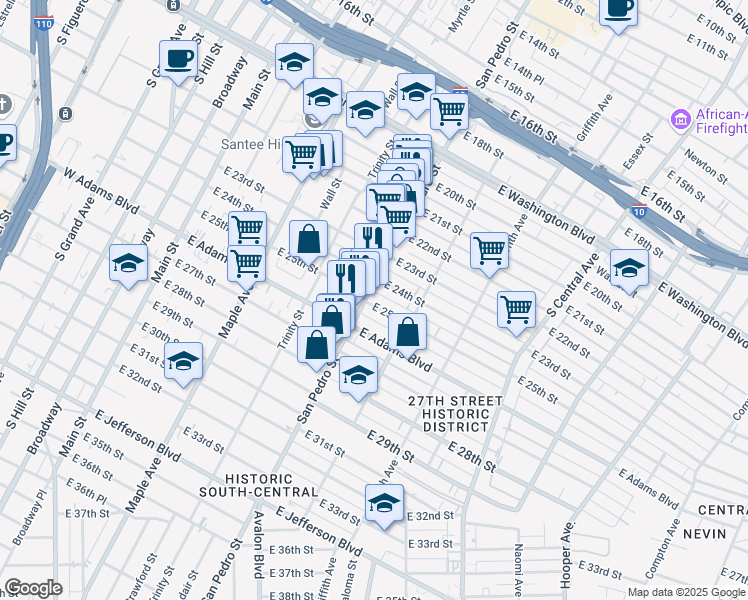 map of restaurants, bars, coffee shops, grocery stores, and more near 2424 San Pedro Street in Los Angeles