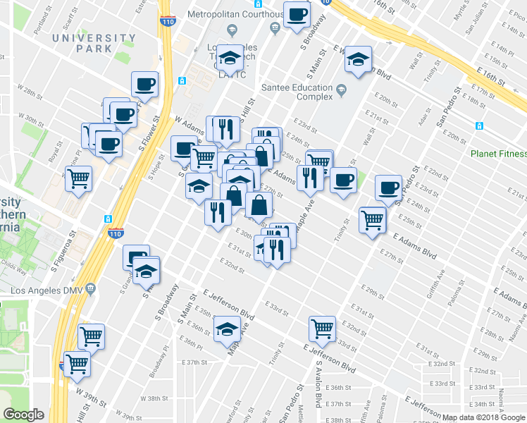map of restaurants, bars, coffee shops, grocery stores, and more near 136 East 28th Street in Los Angeles
