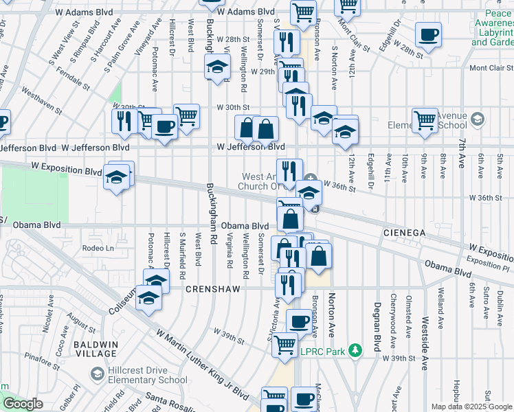map of restaurants, bars, coffee shops, grocery stores, and more near 3625 Somerset Drive in Los Angeles