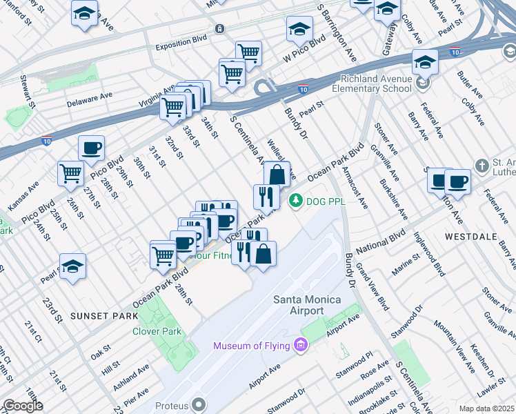 map of restaurants, bars, coffee shops, grocery stores, and more near 2682 34th Street in Santa Monica