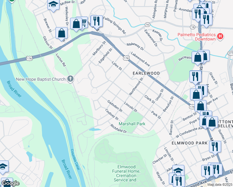 map of restaurants, bars, coffee shops, grocery stores, and more near 3211 Park Street in Columbia