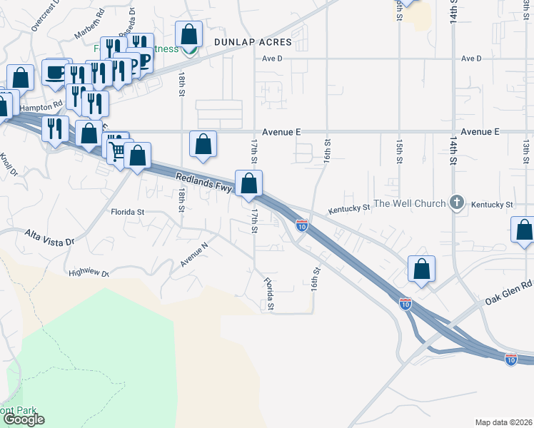 map of restaurants, bars, coffee shops, grocery stores, and more near 31951 Outer Highway 10 South in Redlands