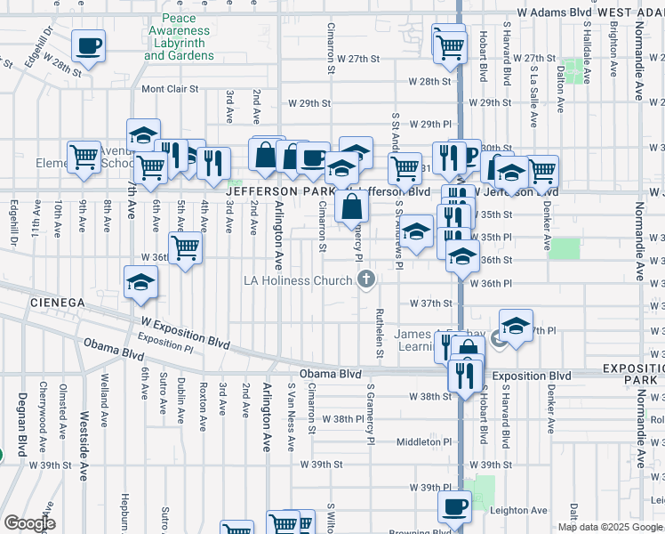 map of restaurants, bars, coffee shops, grocery stores, and more near 1934 West 36th Street in Los Angeles
