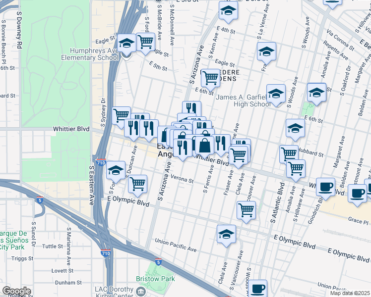 map of restaurants, bars, coffee shops, grocery stores, and more near 750 South Kern Avenue in East Los Angeles