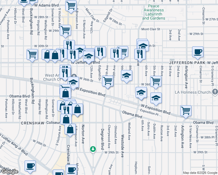 map of restaurants, bars, coffee shops, grocery stores, and more near 3612 11th Avenue in Los Angeles