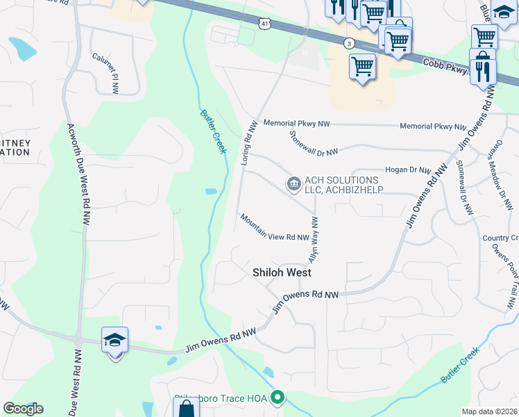 map of restaurants, bars, coffee shops, grocery stores, and more near 3918 Mountain View Road Northwest in Kennesaw