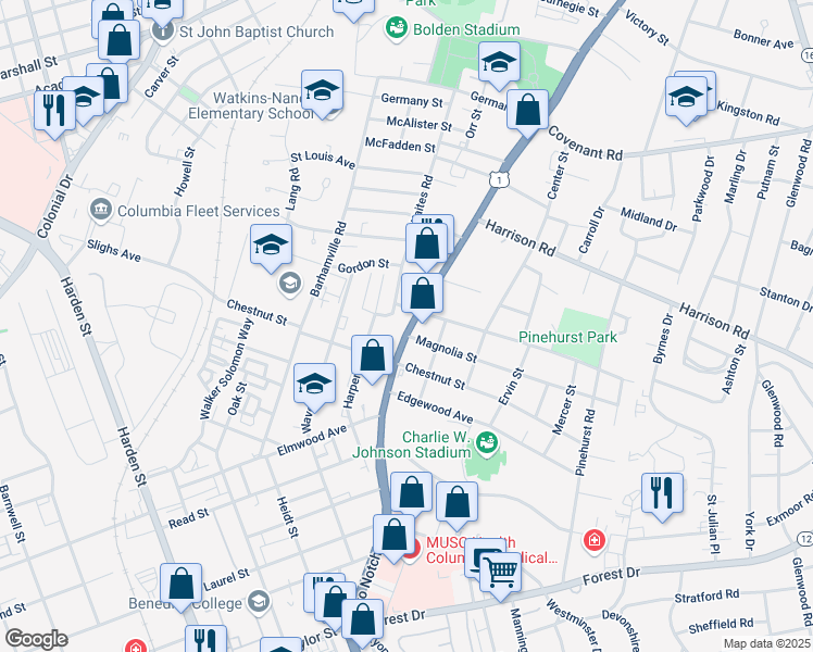map of restaurants, bars, coffee shops, grocery stores, and more near 2229 Two Notch Road in Columbia