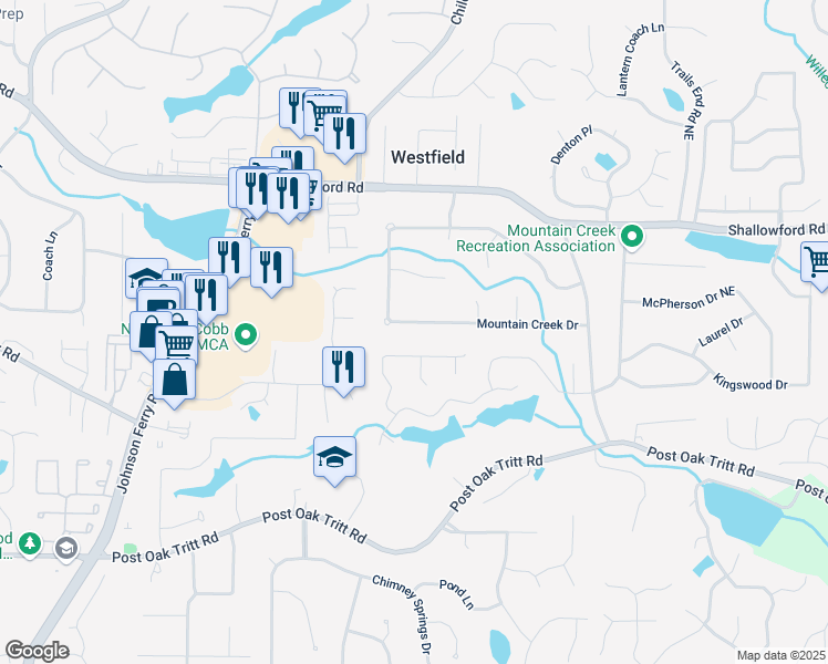 map of restaurants, bars, coffee shops, grocery stores, and more near 4628 Mountain Creek Drive in Roswell